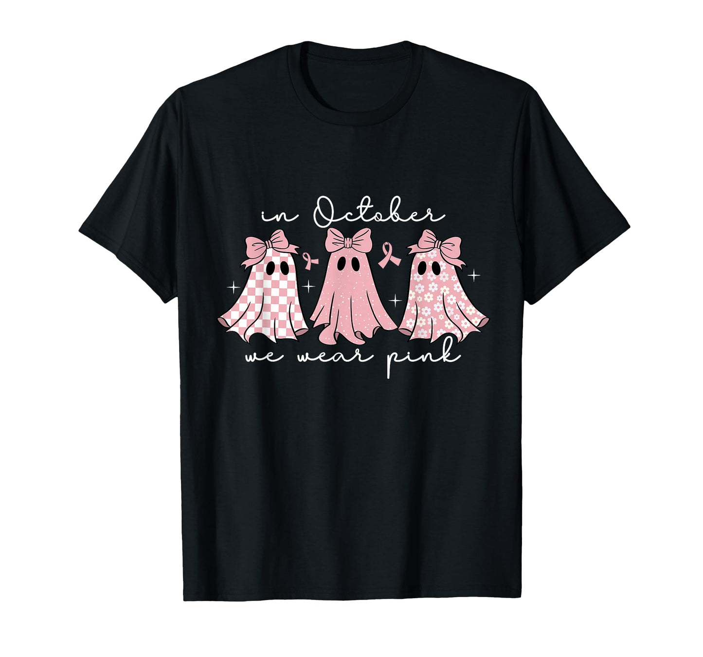 in October We Wear Pink Ghost Breast Cancer Halloween T-Shirt