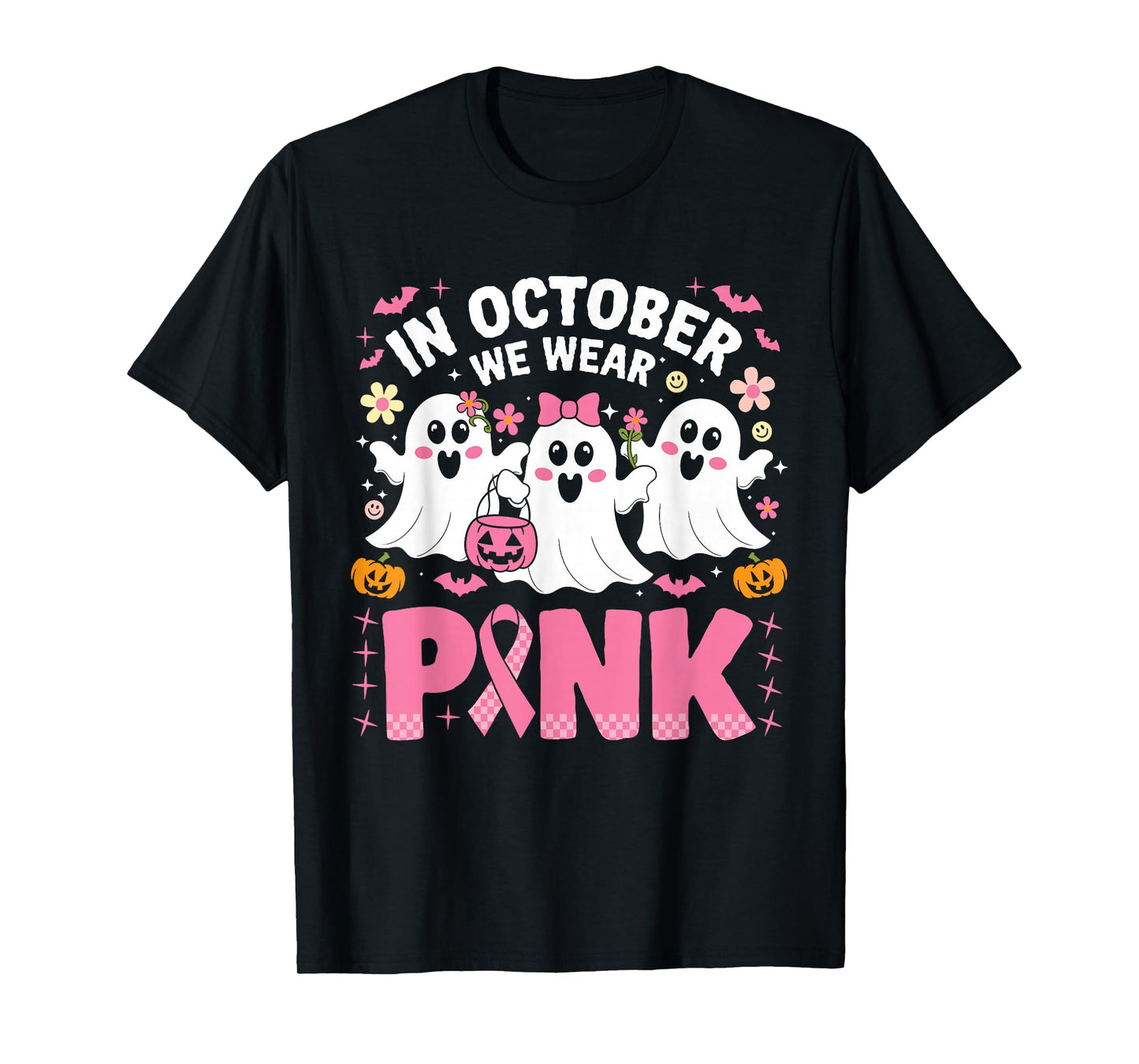 In October We Wear Pink Ghost Witch Breast Cancer Awareness T-Shirt