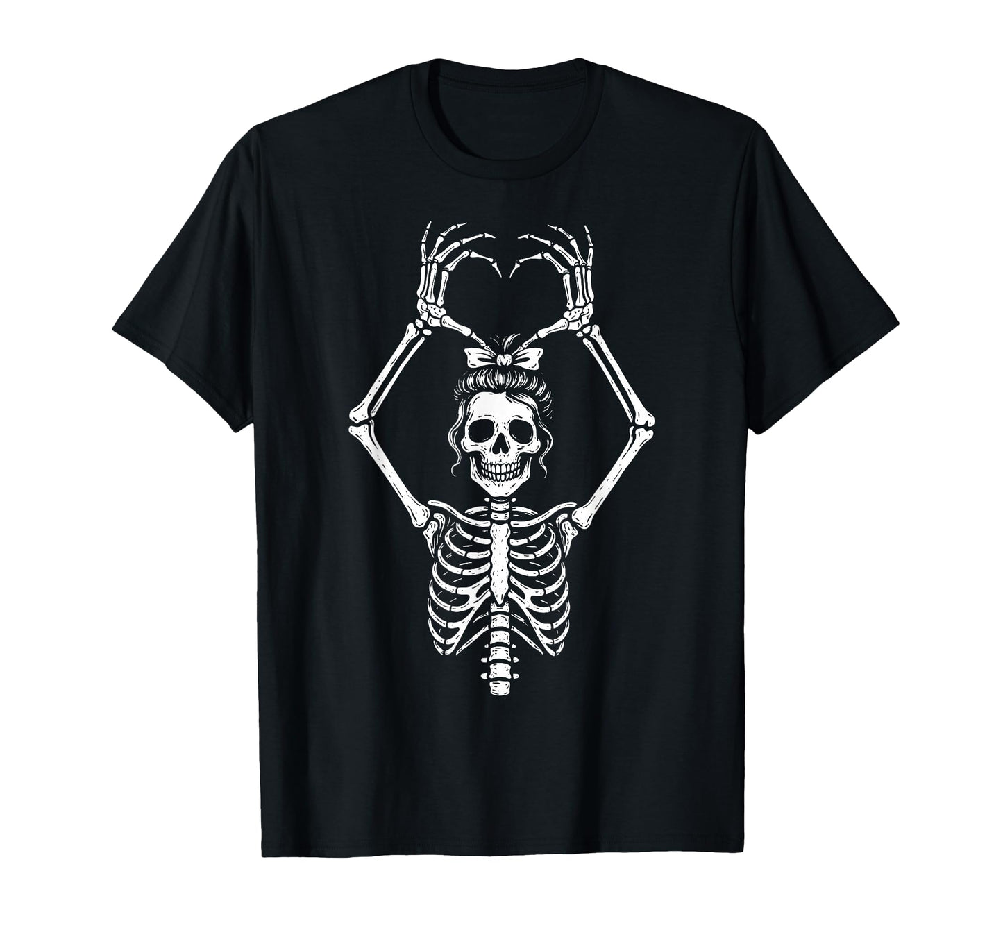 Messy Bun Skeleton Hands Heart Sign Funny Halloween Costume T-Shirt
