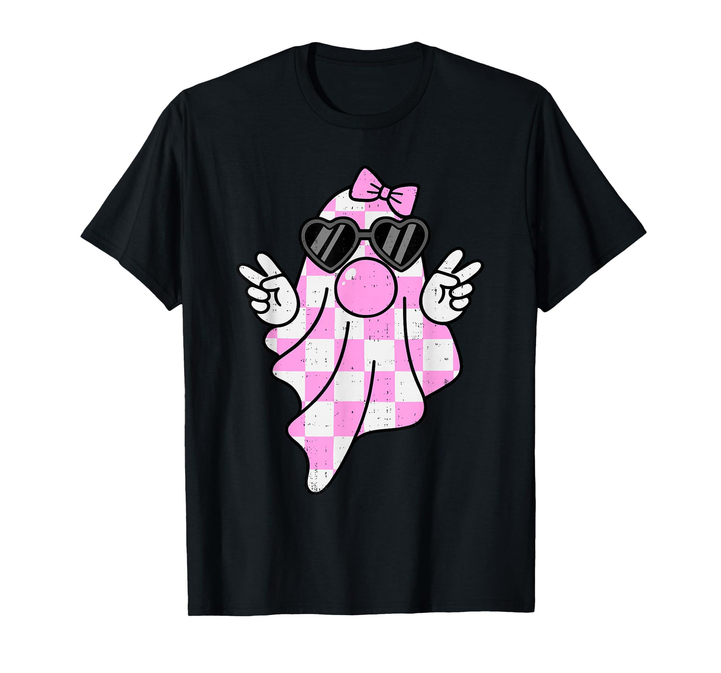 Cute Pink Plaid Ghost Bubblegum Peace Sign Halloween Girl T-Shirt
