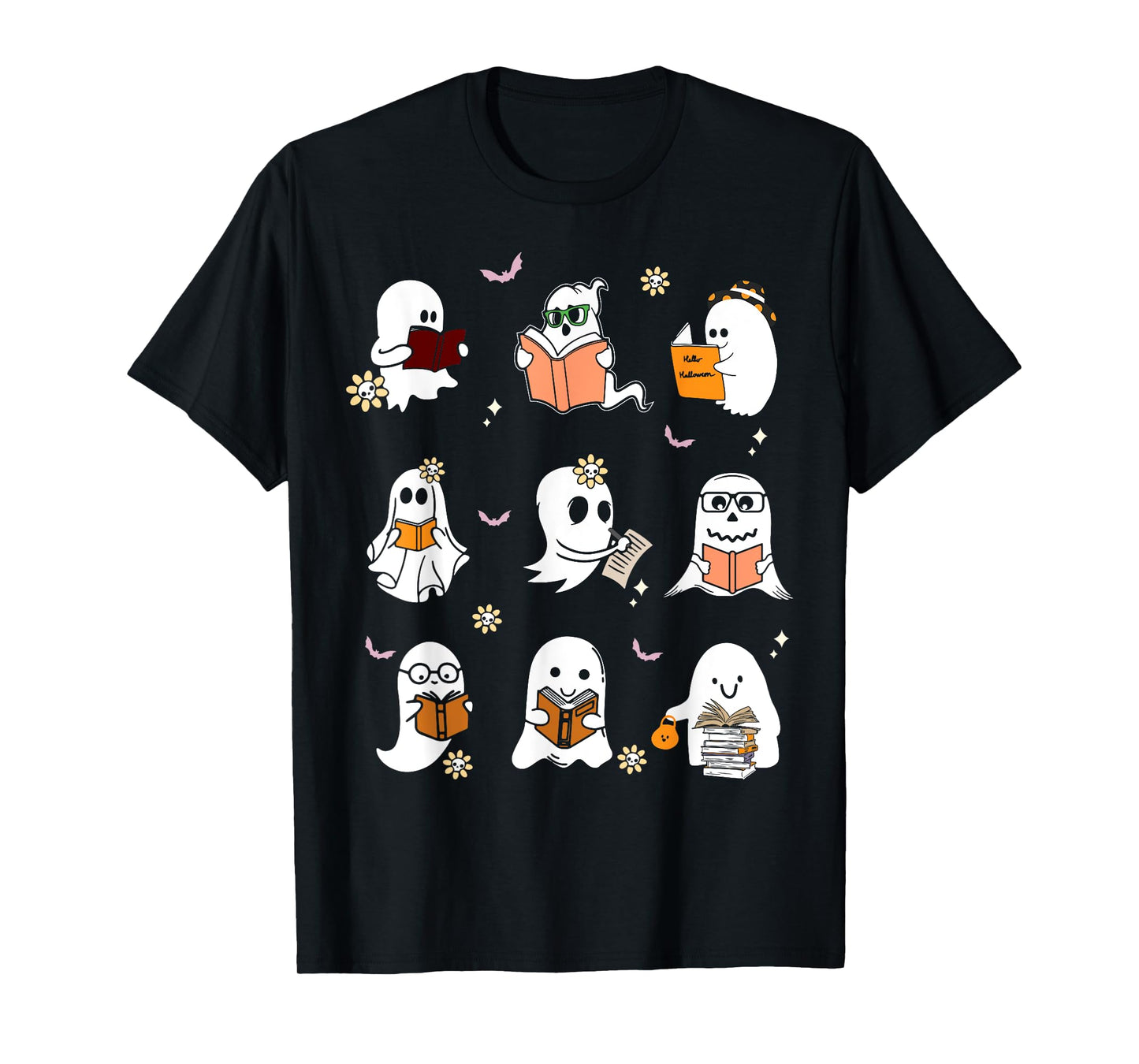 Ghosts Reading Books Teacher Halloween Librarian Boooks Men Women Kids T-Shirt