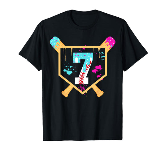 Baseball 7 Year Old Ice Cream Drip 7th Birthday Boy 7 T-Shirt
