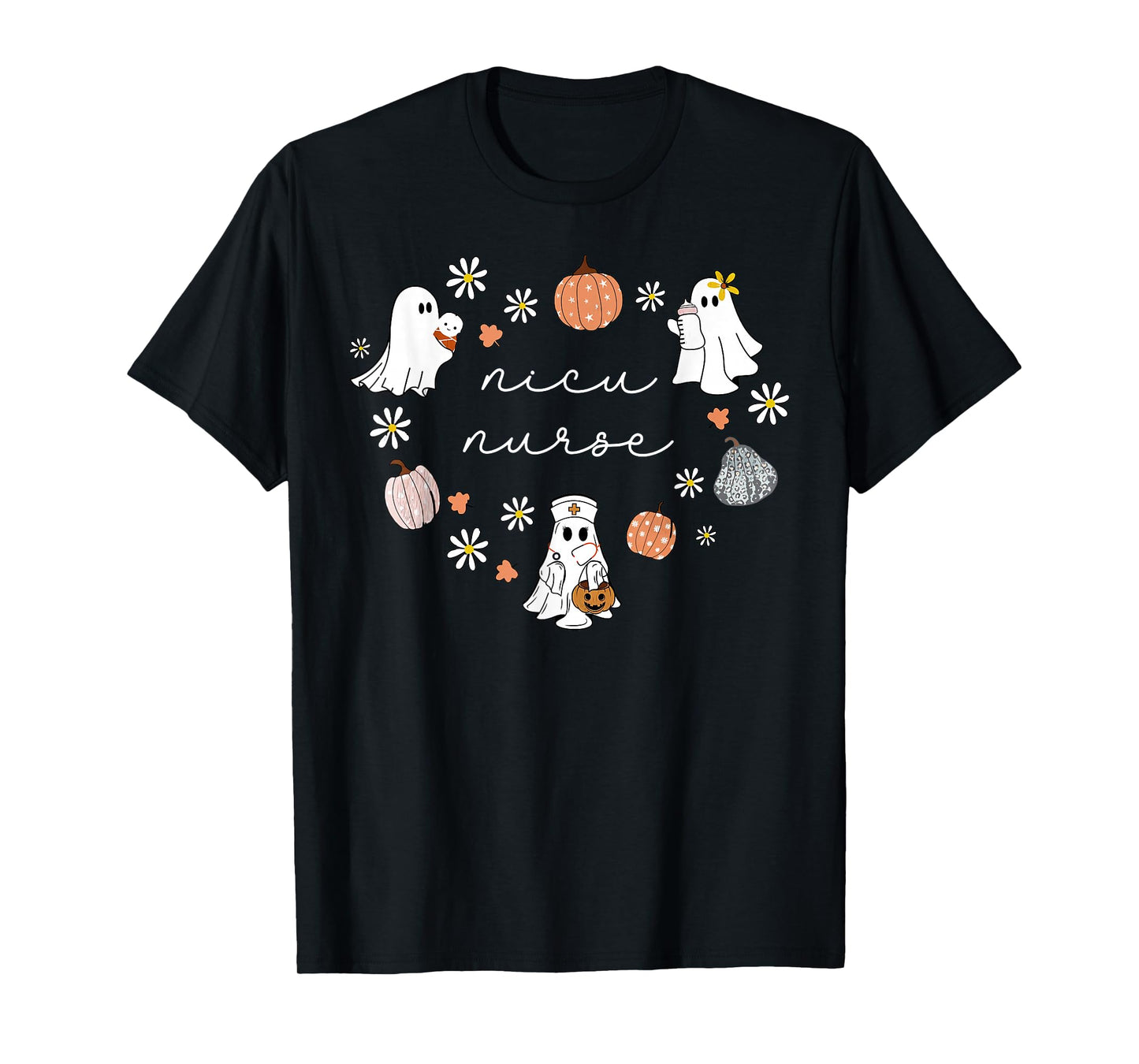 NICU Nurse Halloween Ghosts Pumpkin Floral Fall Neonatal ICU T-Shirt