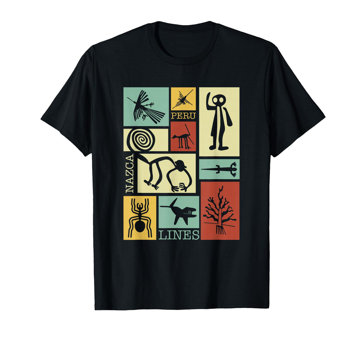 National Introvert Society Nazca Lines Peru Geoglyphs Retro T-Shirt - Black, Small, Unisex, Short Sleeve, Classic Fit