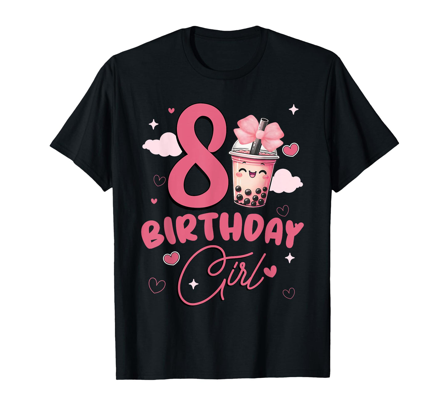 Happy 8th Birthday Girl Cute Pink Bow Bubble Boba Tea Anime T-Shirt