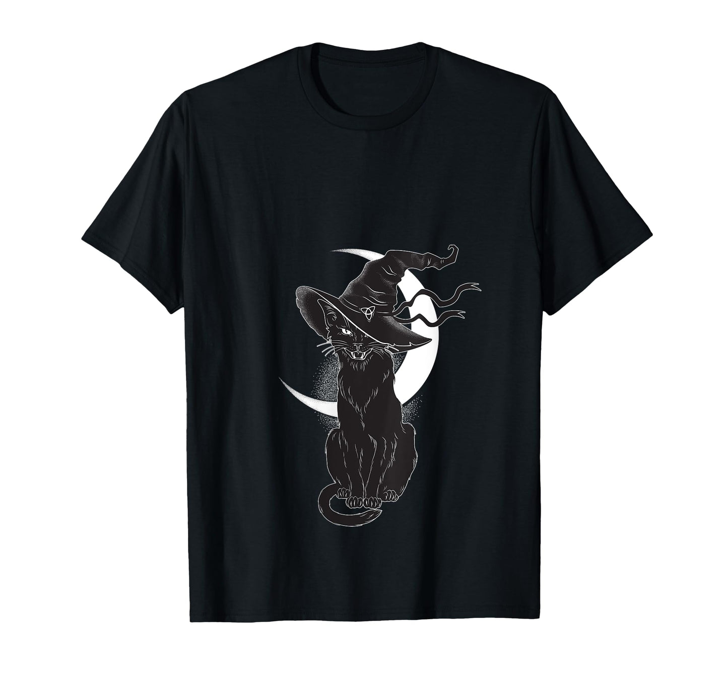 Womens Vintage Scary Halloween Black Cat Costume Witch Hat & Moon V-Neck T-Shirt
