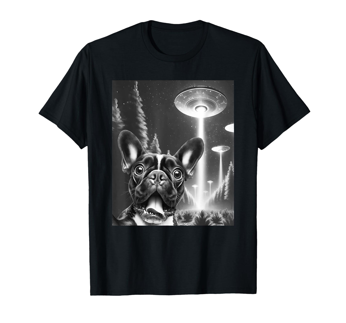 Funny French Bulldog Alien UFO Taking a Selfie Dog Mom Dad T-Shirt