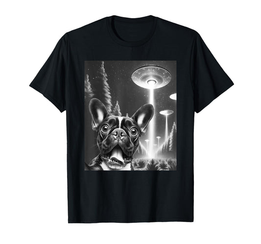 Funny French Bulldog Alien UFO Taking a Selfie Dog Mom Dad T-Shirt