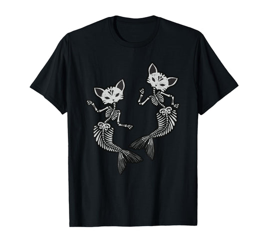 Kitty Cat Mermaid Skeleton T-Shirt Halloween Fantasy TShirt Men Women Kids T-Shirt