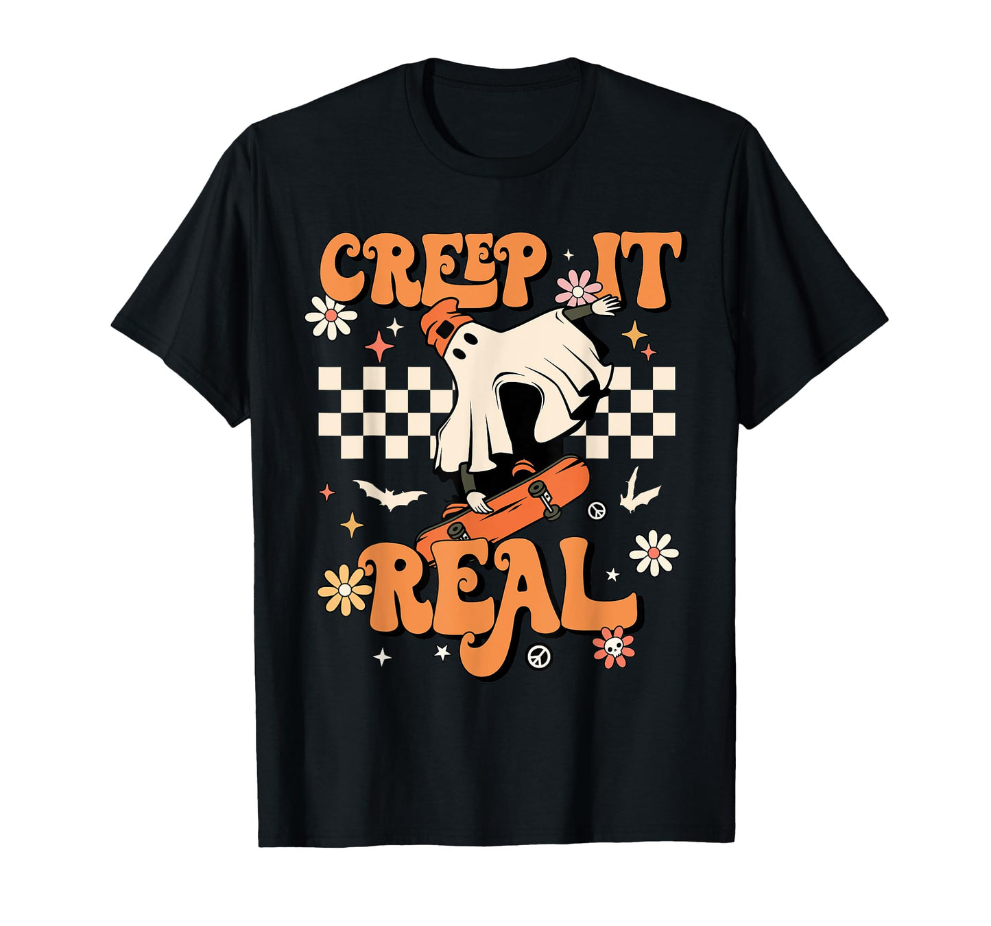 Creep It Real Retro Halloween Party Funny Ghost Skateboard T-Shirt