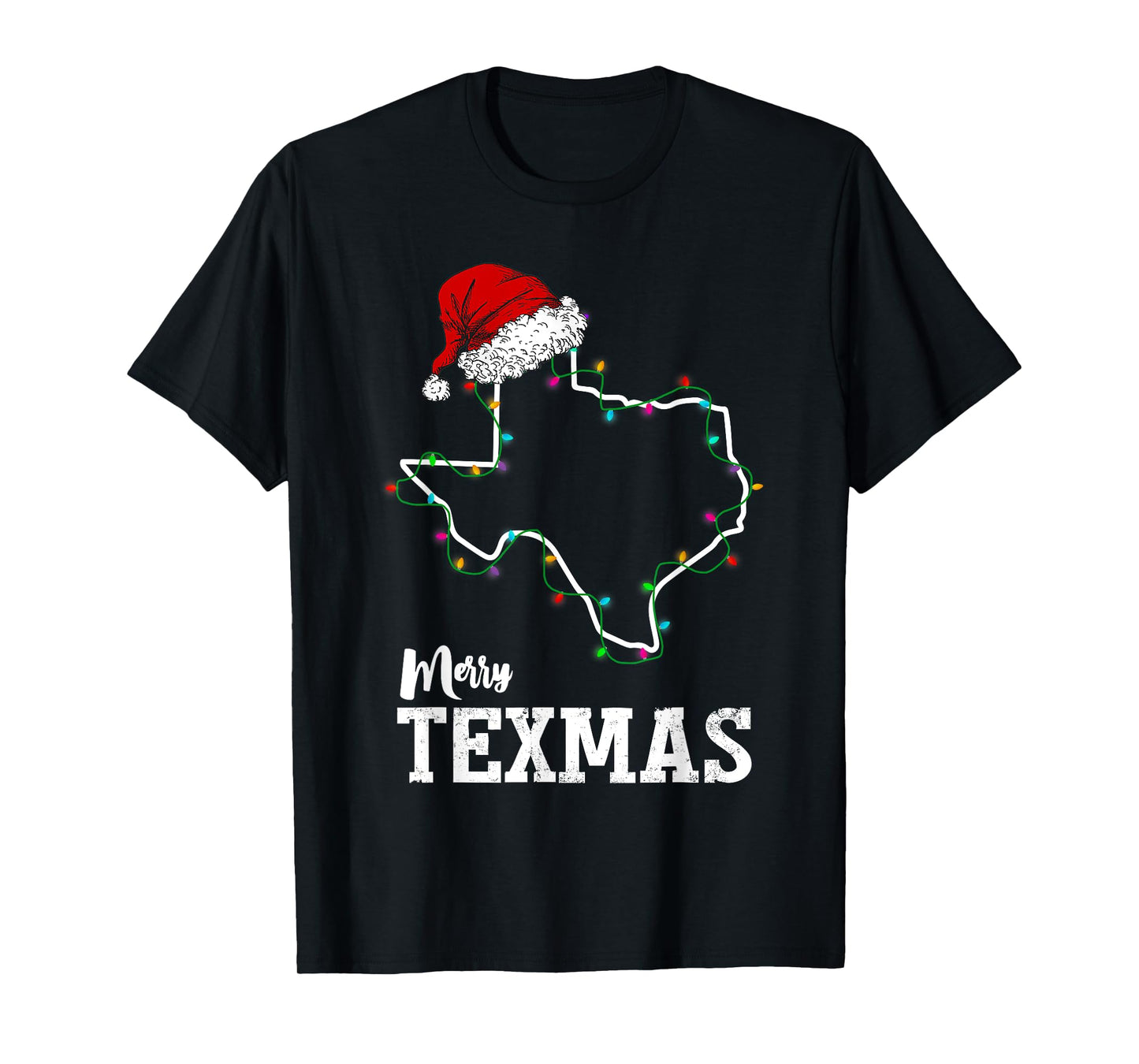 Merry Texmas Texas State Christmas Light Outline Santa Hat T-Shirt
