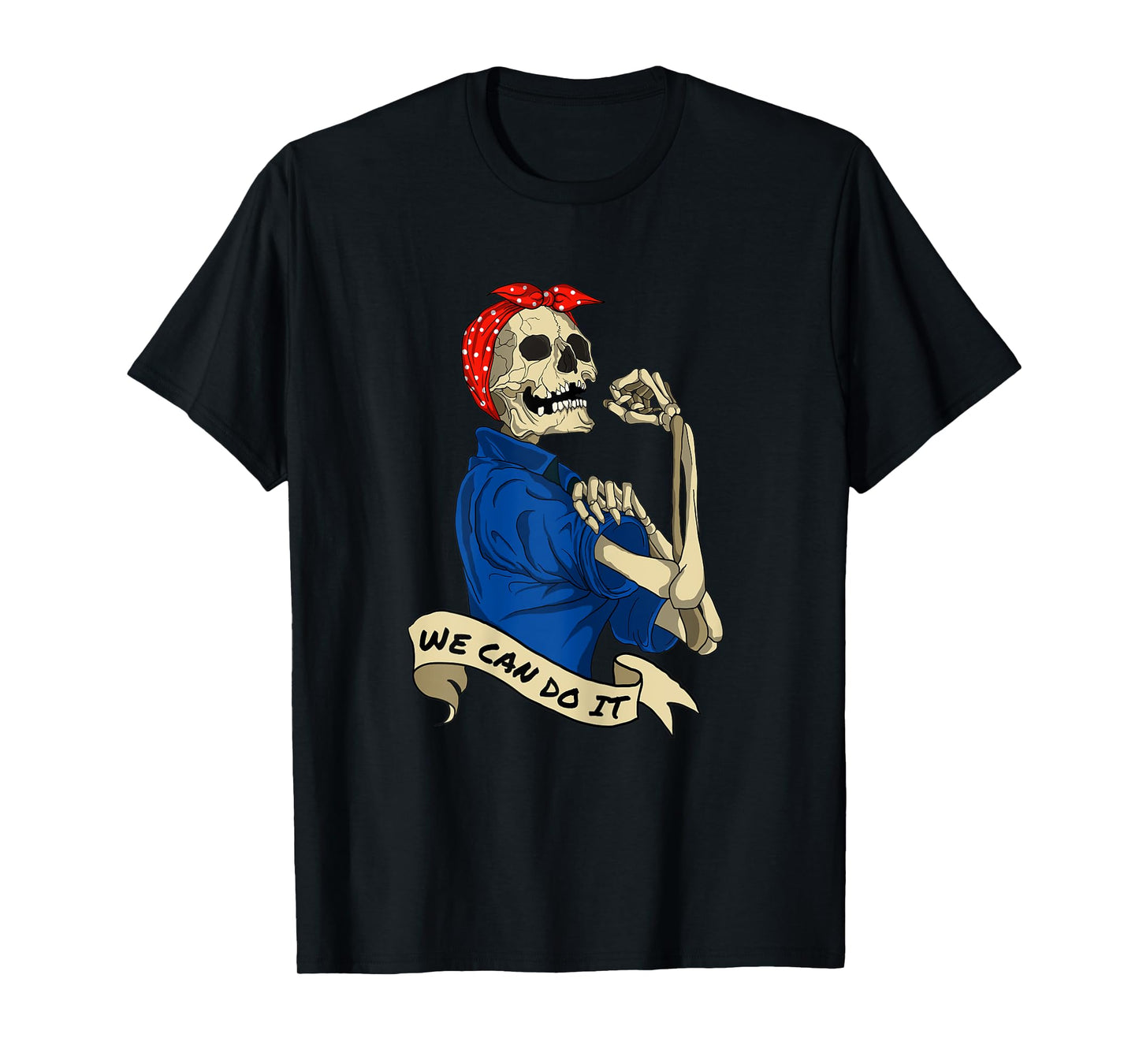 Womens Rosie Riveter We Can do It Skeleton Halloween Party Costume T-Shirt