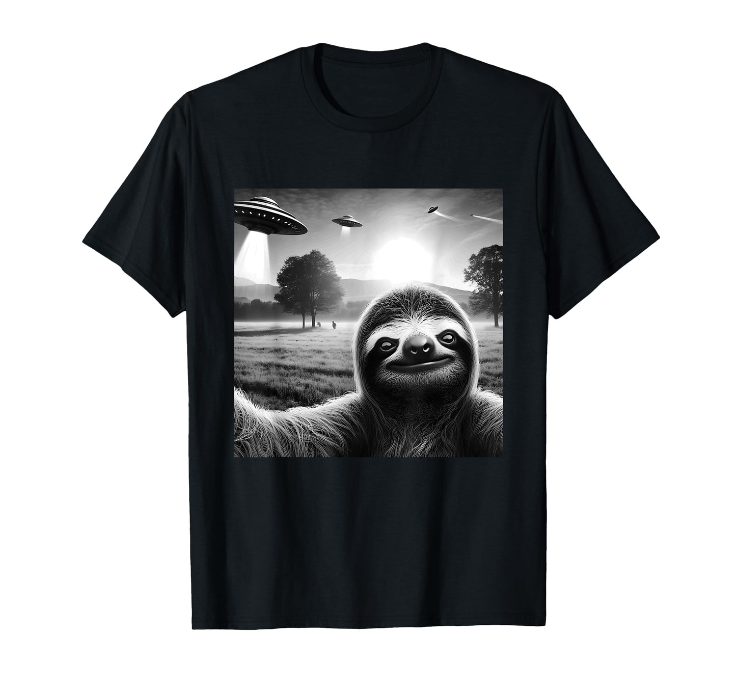 Sloth Funny Graphic Selfie with UFOs Weird Aliens T-Shirt