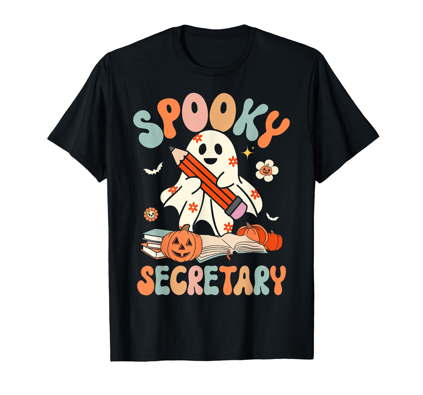 Spooky School Secretary Groovy Halloween Floral Ghost T-Shirt