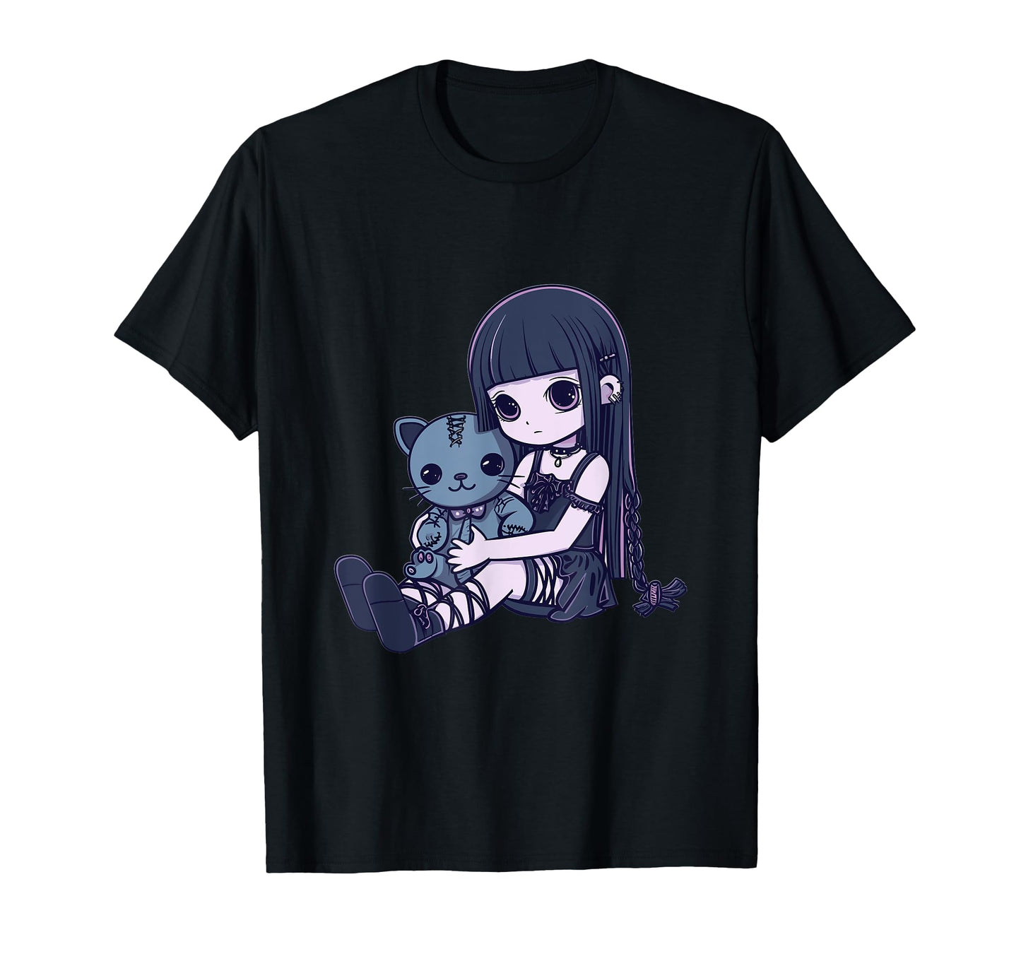 Goth Pastel Kawaii Anime Girl with Voodoo doll Teddy Cat T-Shirt