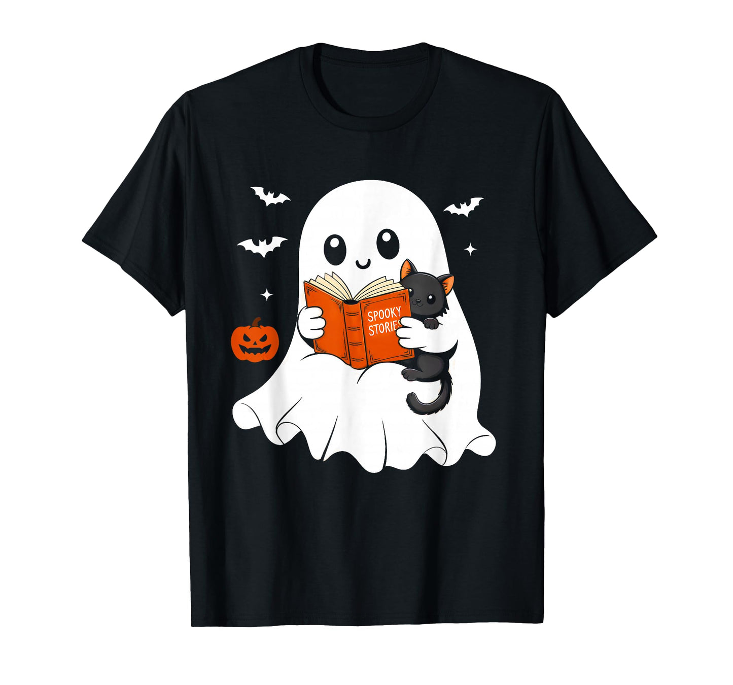 Ghost Reading Book Black Cat Halloween Costume Men Women T-Shirt