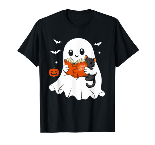 Ghost Reading Book Black Cat Halloween Costume Men Women T-Shirt