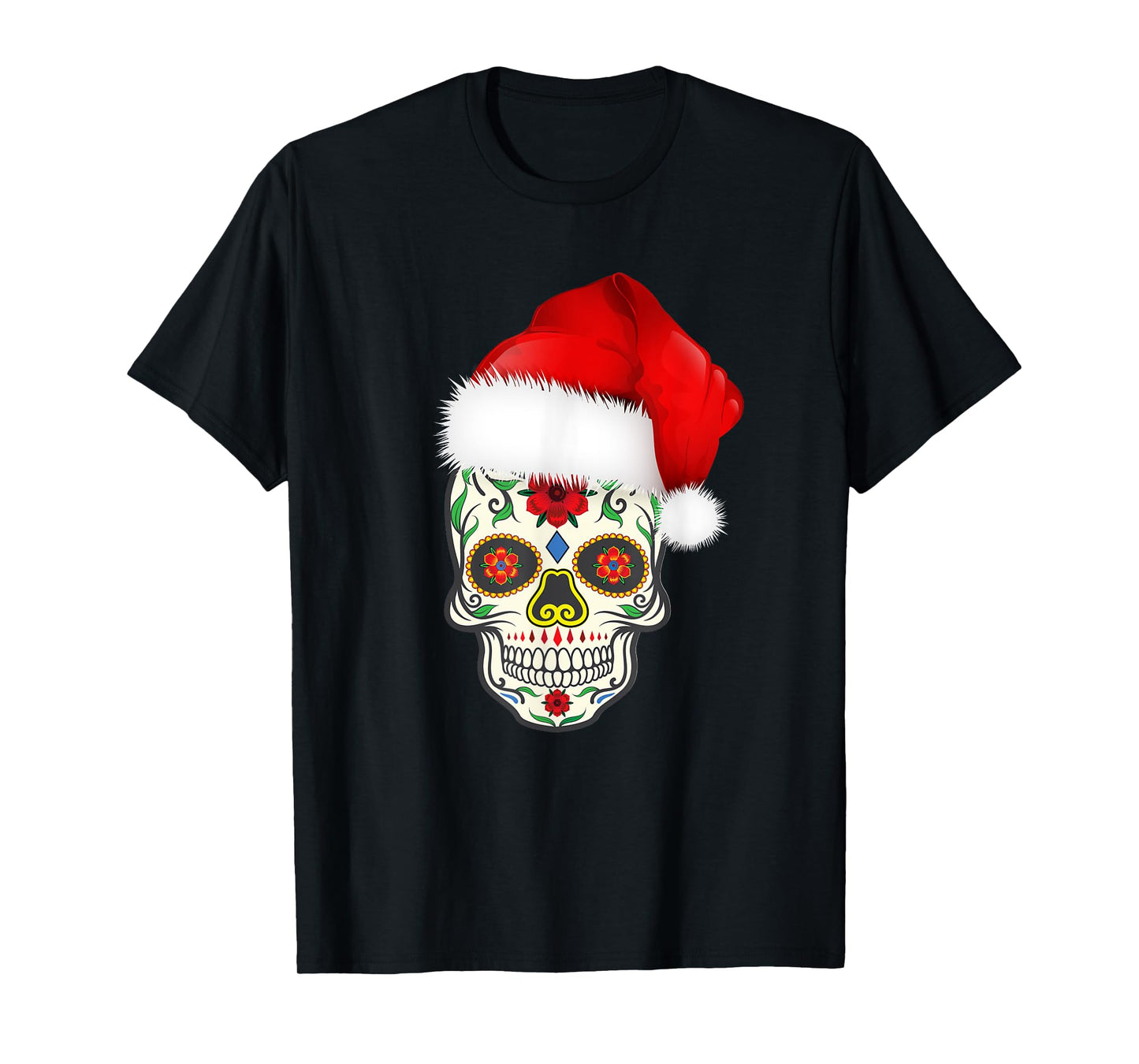 Sugar Skull T-Shirt With Christmas Santa Hat Day of the Dead