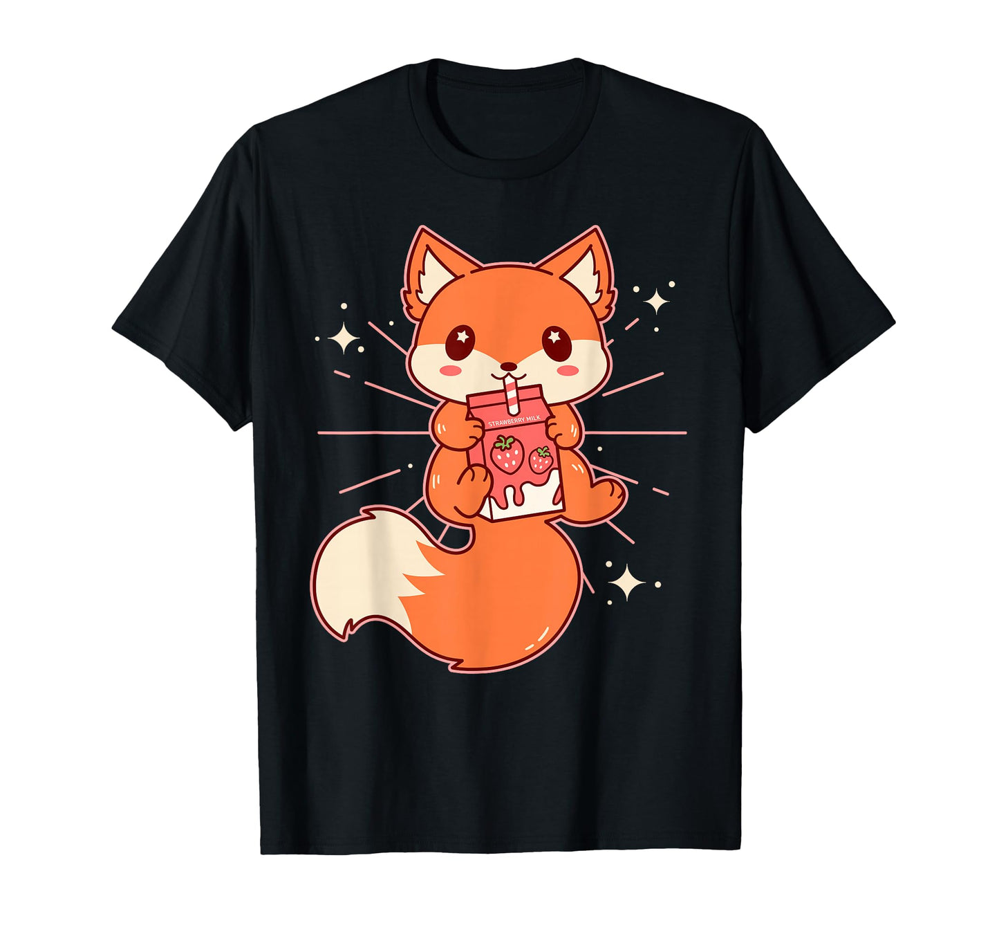 Cute Kawaii Fox Drinking Strawberry Milk Anime T-Shirt