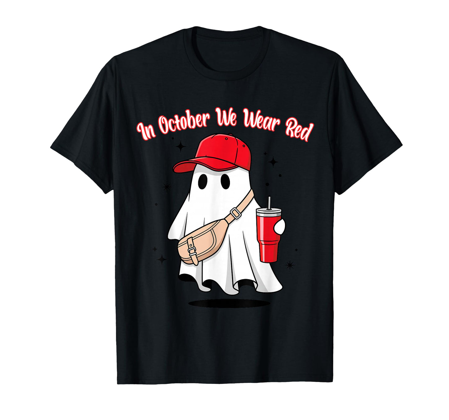 in October We Wear Red October Funny Ghost with Baseball Hat T-Shirt