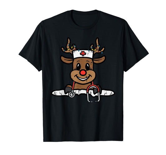 Christmas Nurse Reindeer Xmas Scrub Top Men Women RN ICU ER T-Shirt