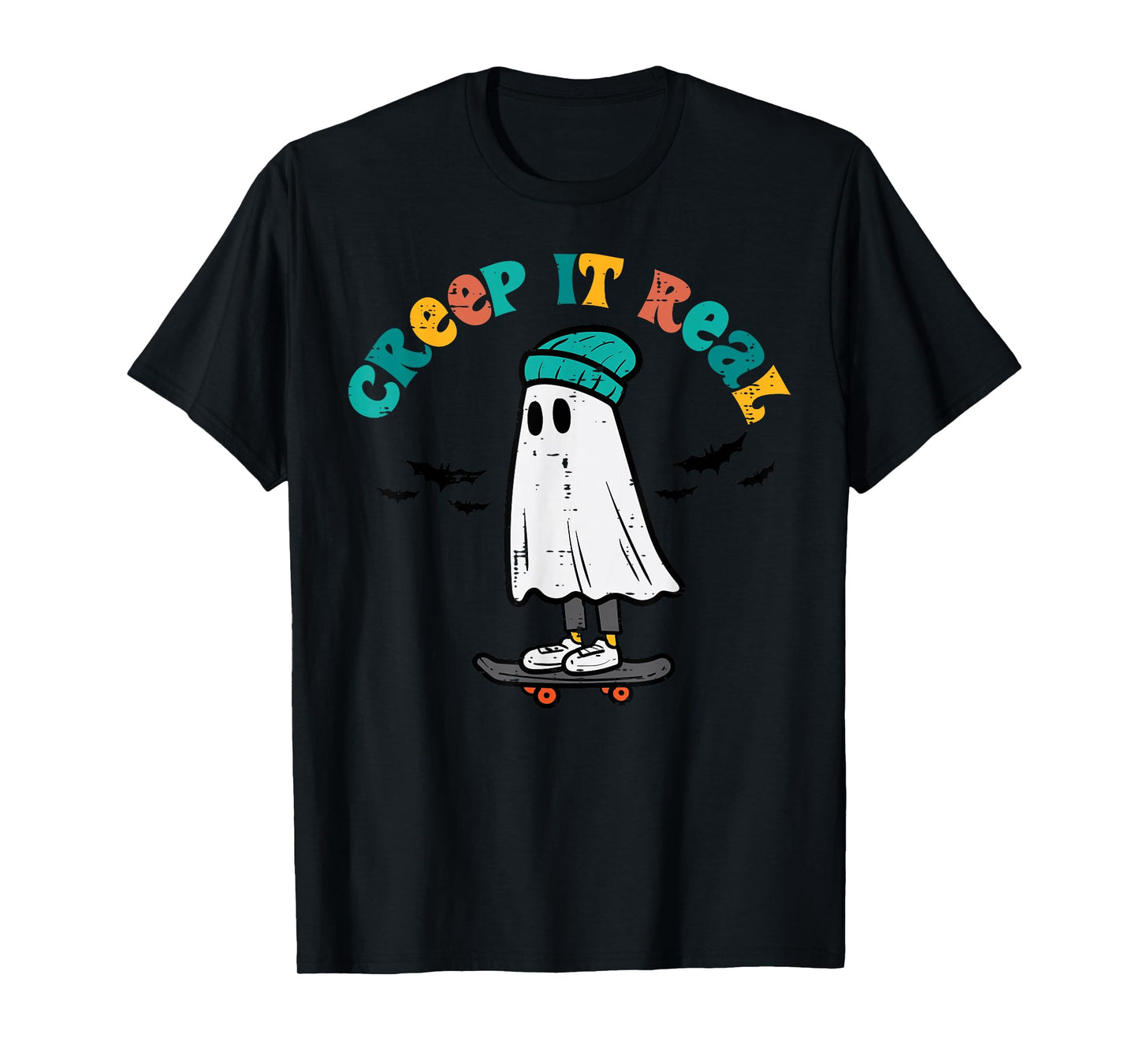 Ghost Skateboard Creep It Real Retro Halloween Skater Boys T-Shirt