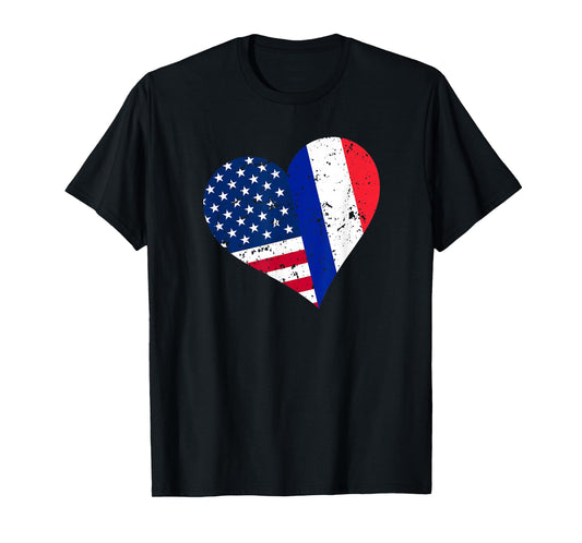 France USA Heart Shirt Distressed French American Flag T-Shirt