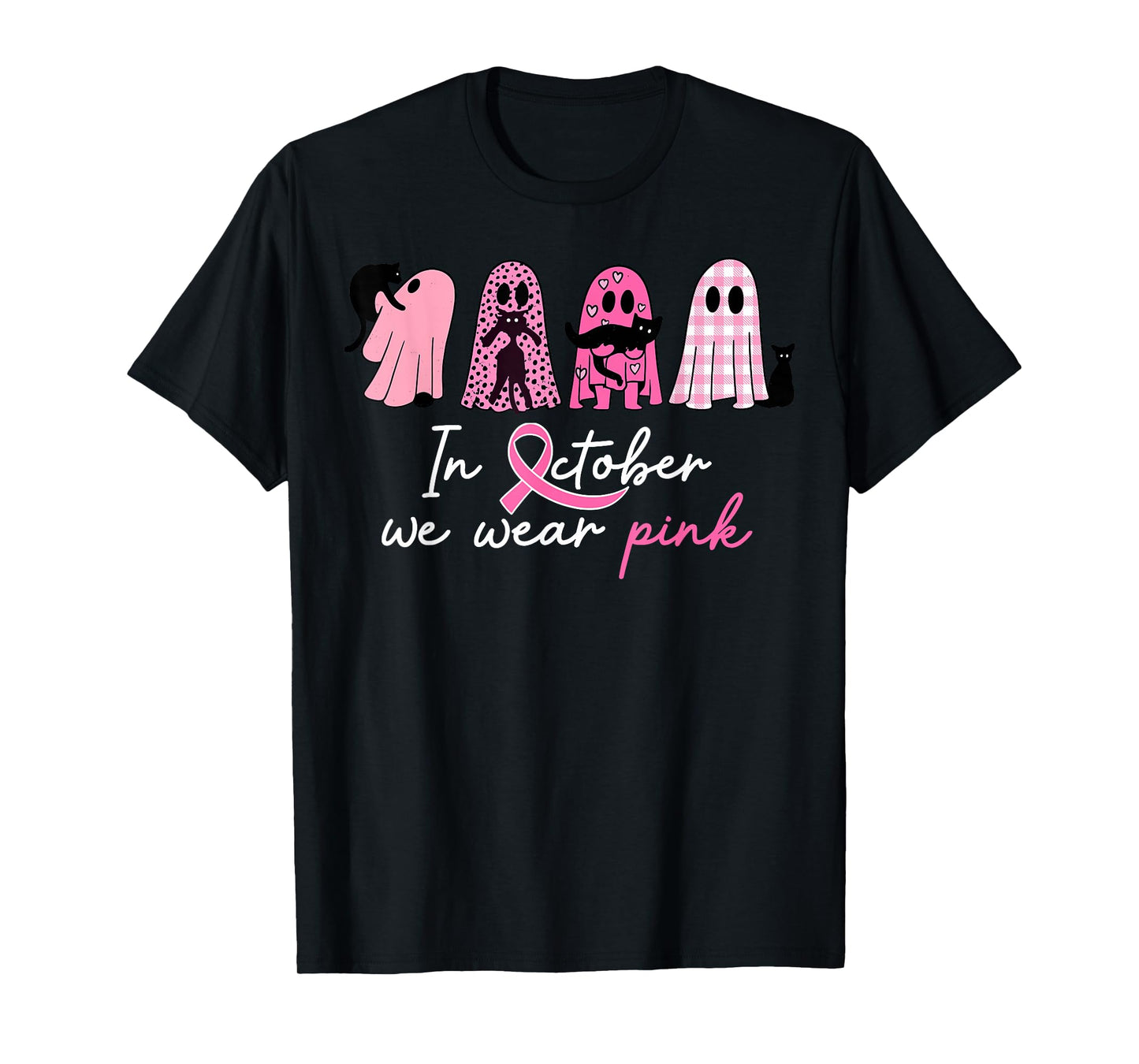in October We Wear Pink Pumpkin Cat Breast Cancer Awareness T-Shirt