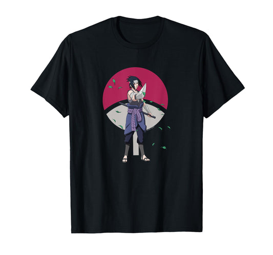 Naruto Shippuden Sasuke Uchiha Leaves and Symbol Anime T-Shirt