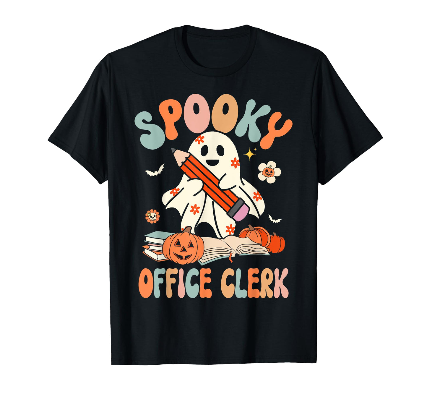 Groovy Halloween Spooky Office Clerk Retro Floral Ghost T-Shirt