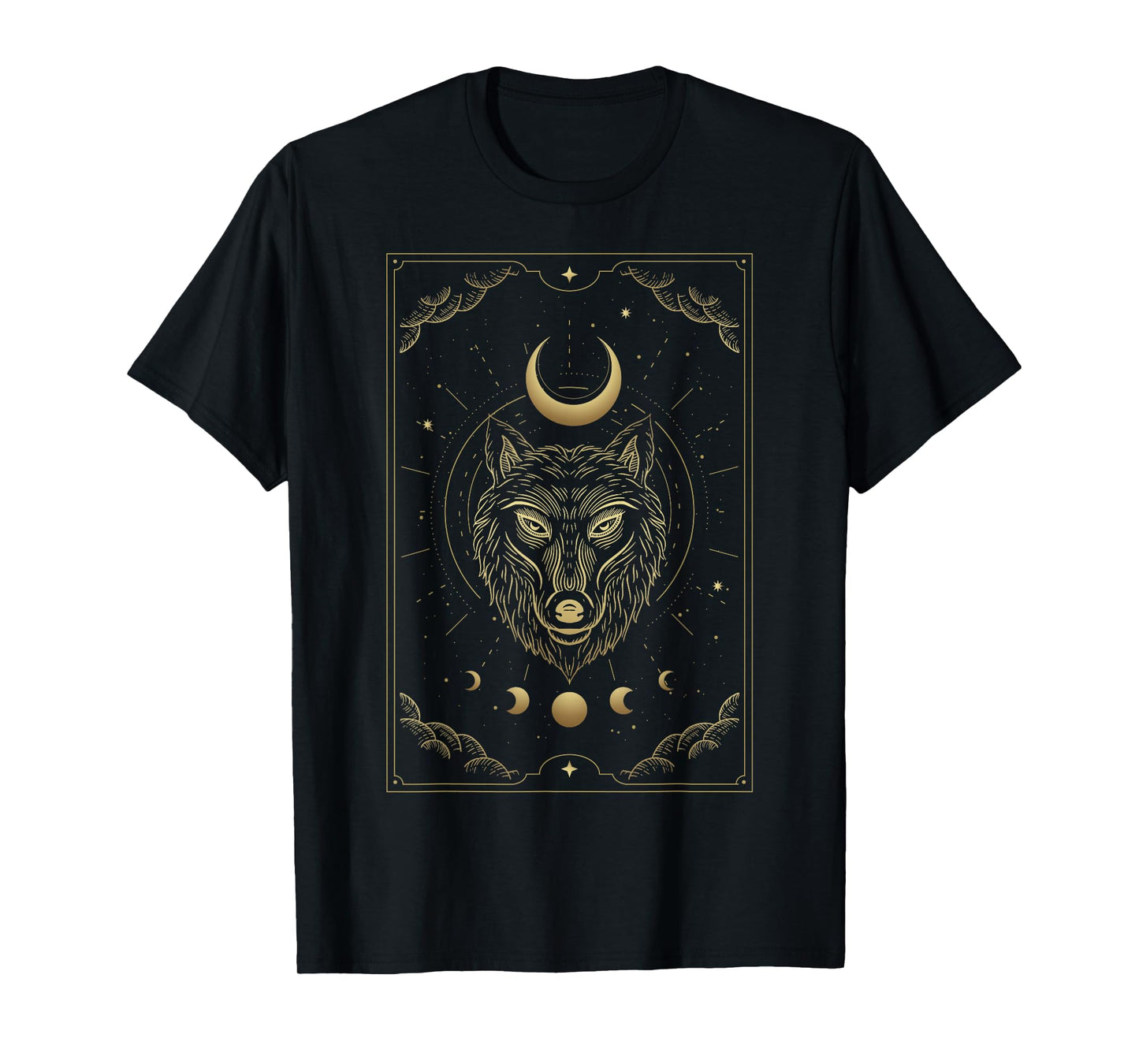 Wolf Head Crescent Moon Luxurious Celestial Engraving Style T-Shirt