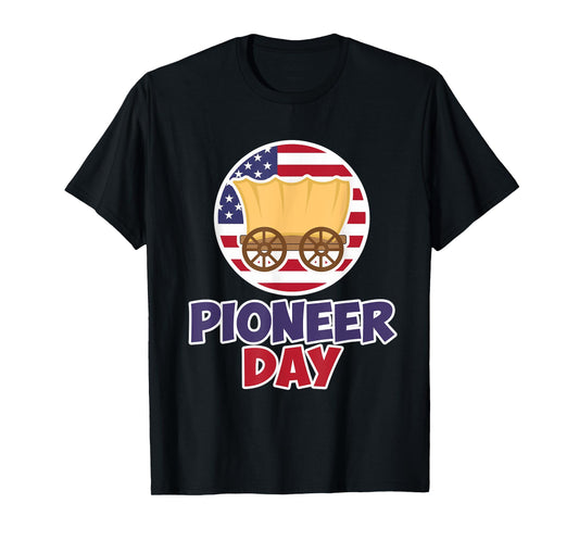 Funny Patriot Pioneer Day Utah America Flag Wagon Women Men T-Shirt