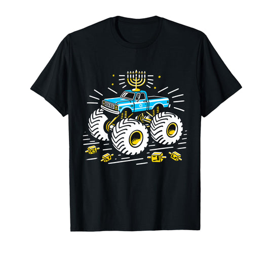 Kids Monster Truck Menorah Dreidel Toddler Boys Hanukkah PJs T-Shirt