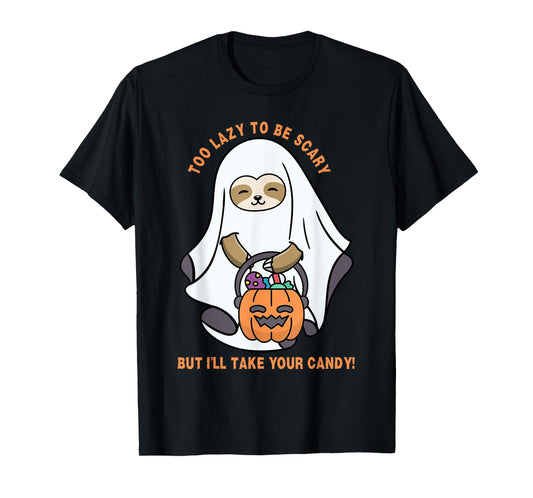 Funny Ghost Sloth, Too Lazy To Be Scary Halloween Candy T-Shirt