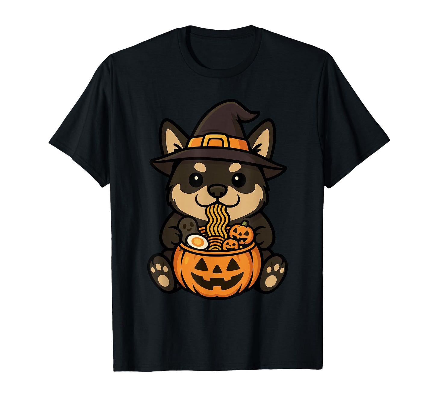 Spooky Black Tan Shiba Inu Pumpkin Japanese Ramen Noodles T-Shirt