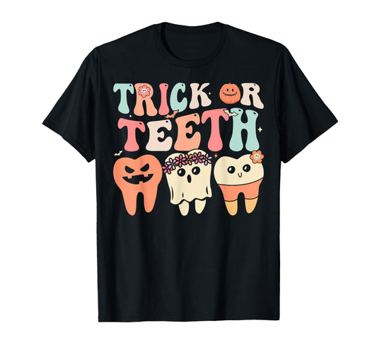 Retro Groovy Trick Or Teeth Dental Halloween Dentist T-Shirt