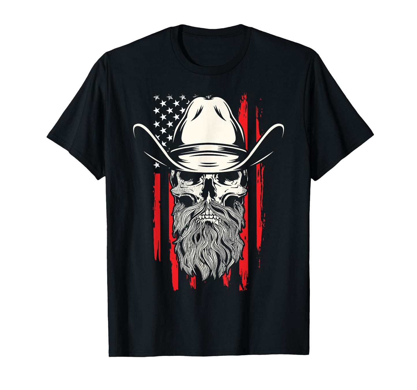 American Bearded Cowboy Skull Flag Distressed Graphic Style T-Shirt