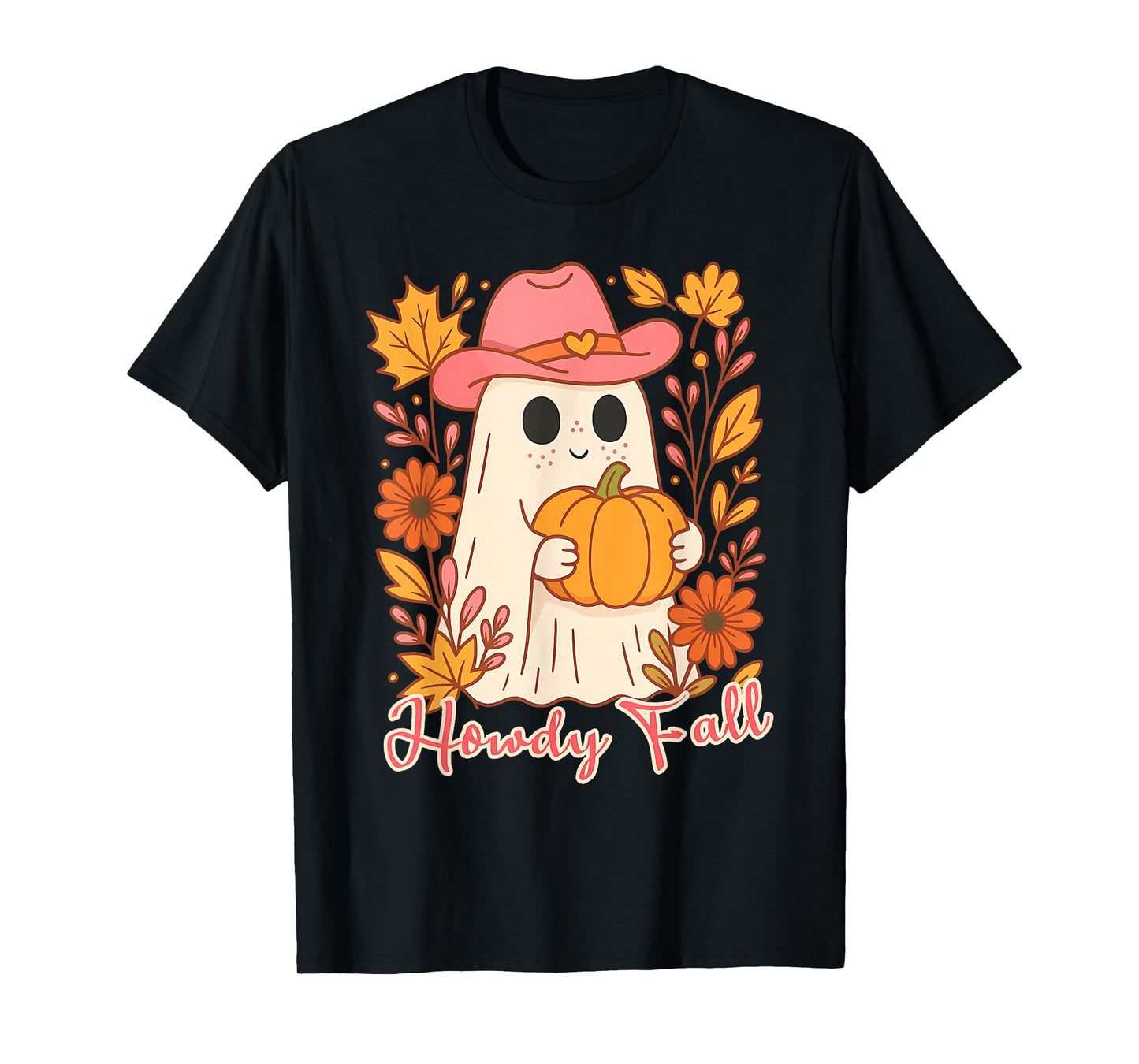 Cute Cowboy Ghost with Pumpkin Howdy Western Cozy Fall T-Shirt