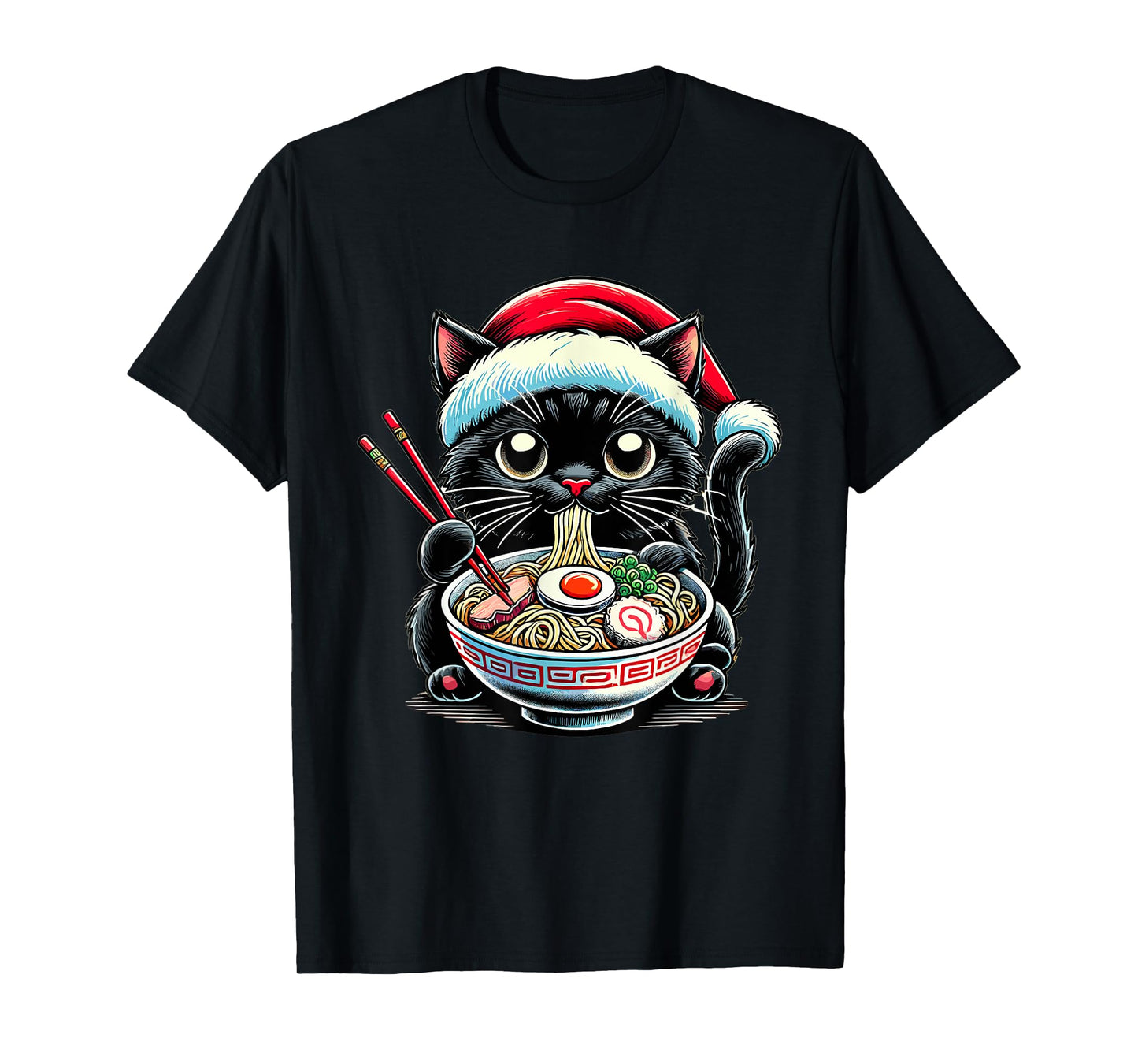 Cat Ramen Santa Hat Japanese Christmas Xmas T-Shirt