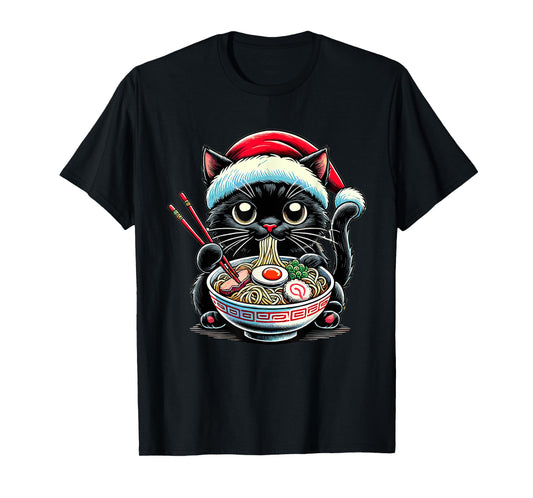 Cat Ramen Santa Hat Japanese Christmas Xmas T-Shirt