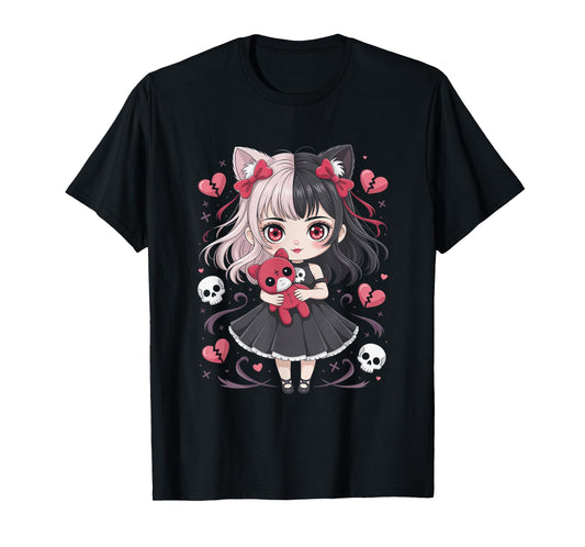 Goth Emo Girl with Teddybear Gothic Chibi Anime Girlie T-Shirt