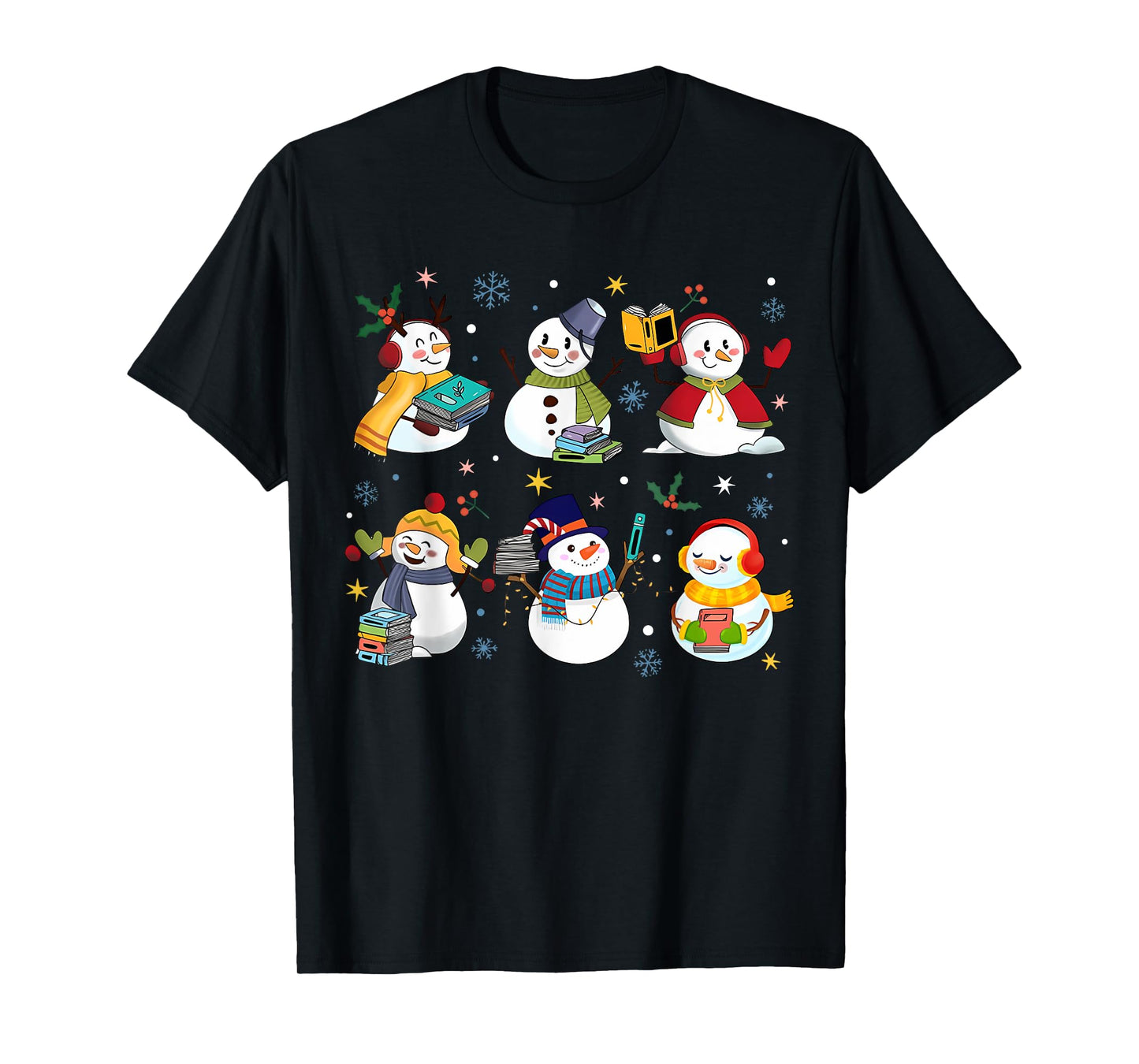 Snowman Reading Books Teacher Christmas Librarian Bookworm T-Shirt
