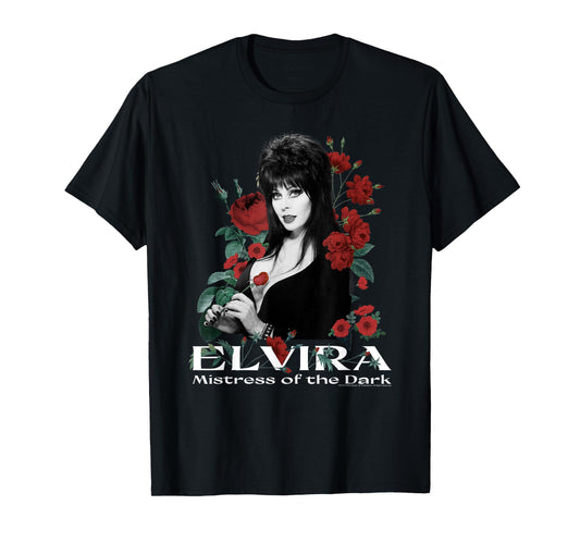 Elvira Mistress of The Dark Red Roses Portrait T-Shirt