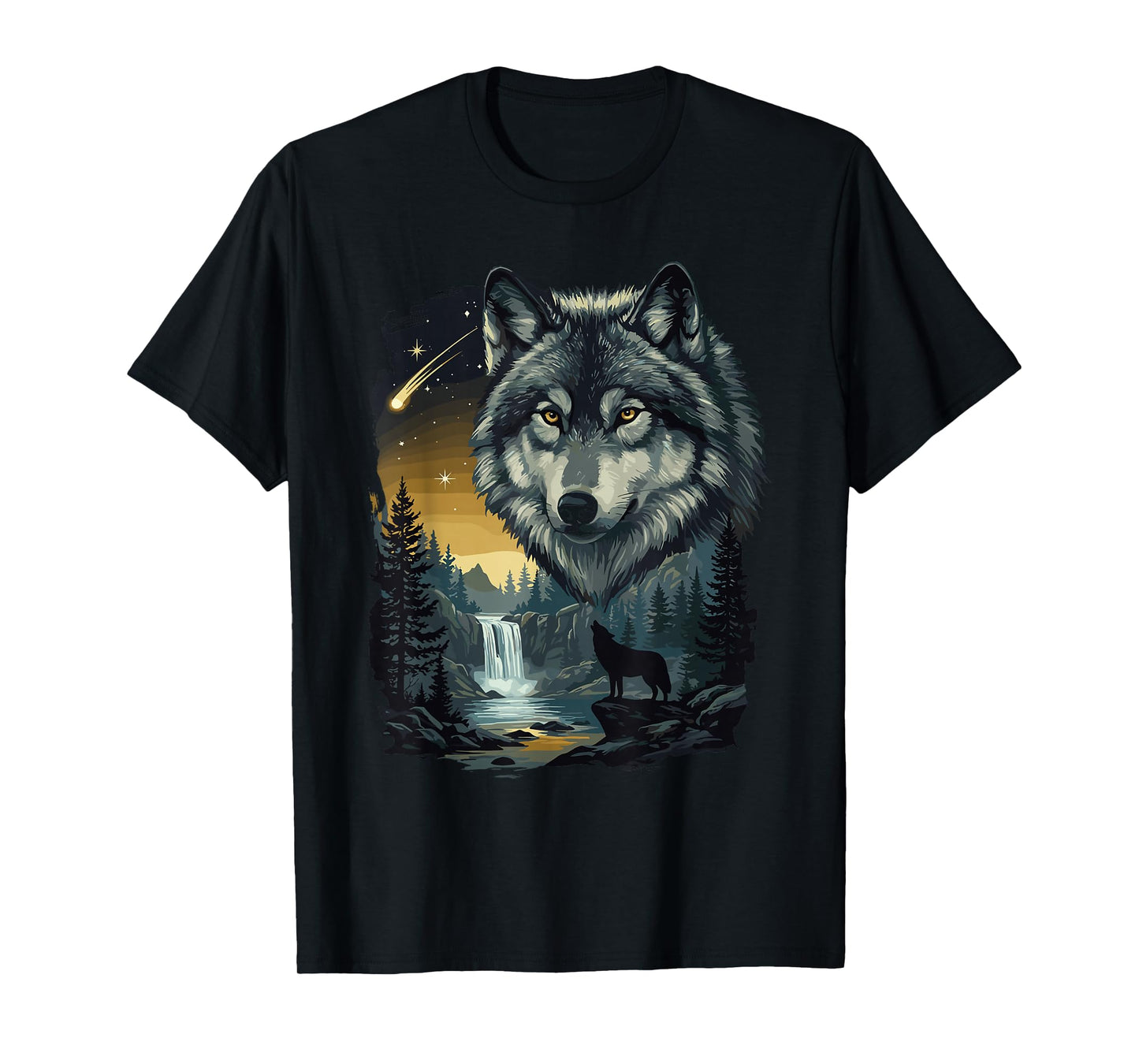 Howling Wolf Waterfall Scene for Nature Lovers and Gifts T-Shirt