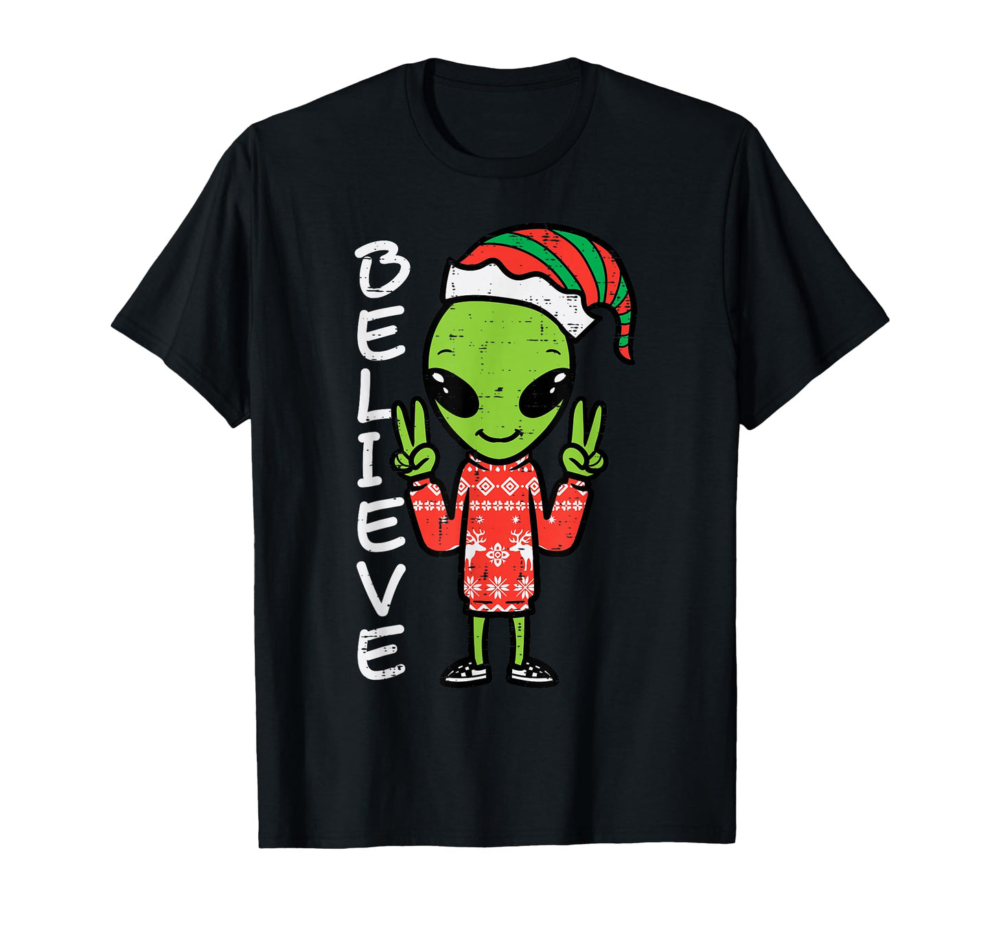 Christmas Alien Elf Believe Funny Xmas Space Men Women Kids T-Shirt