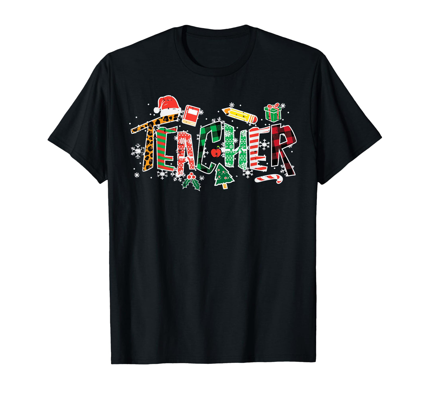Leopard Buffalo Plaid Teacher Christmas School Xmas Women T-Shirt
