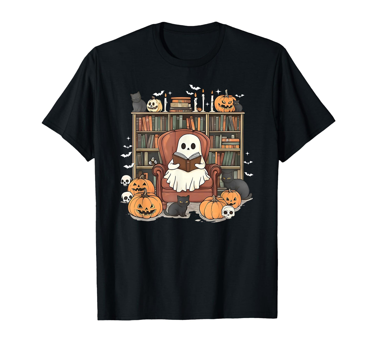 Ghost Library Halloween Book Reading Books Lover Teacher T-Shirt