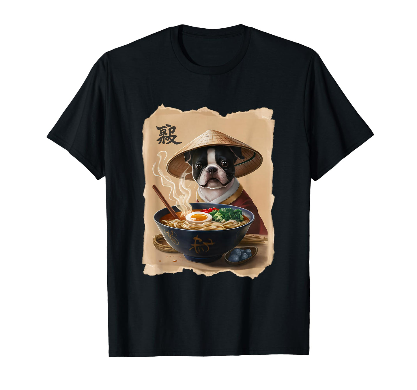 Men Woman Kawaii Eating Ramen Japanese Boston Terrier T-Shirt