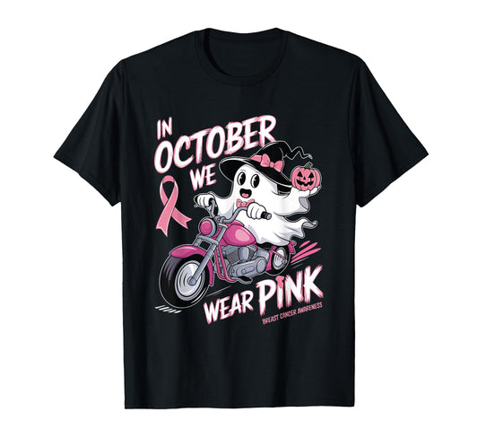 In October We Wear Pink Ghost Riding Motorcycle Halloween T-Shirt
