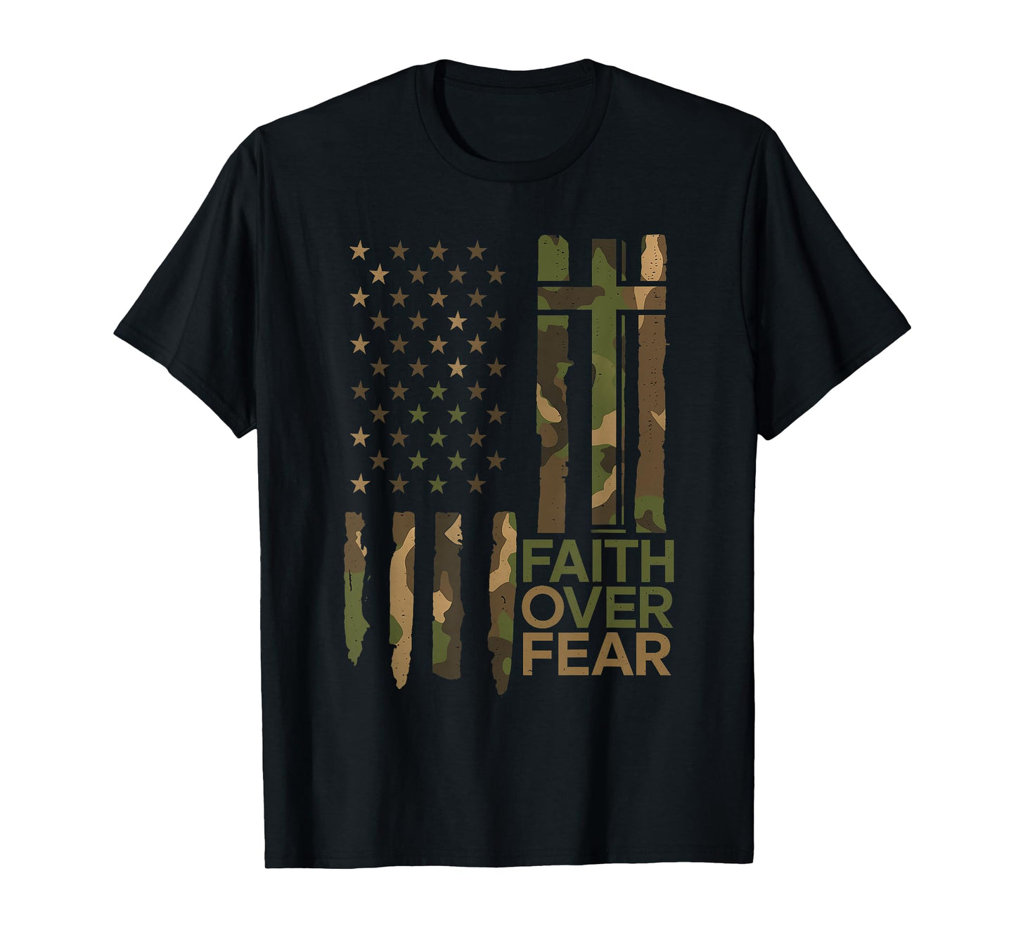 Vintage Design Christian Faith Over Fear Camo US Flag T-Shirt